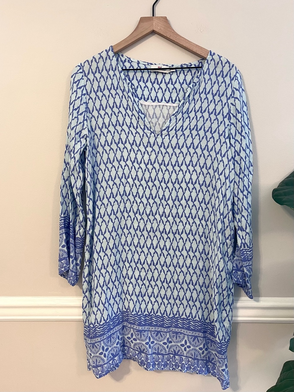 Vineyard Vines Women’s Linen Geometric Tunic Dress Size M Long Sleeve V-neck